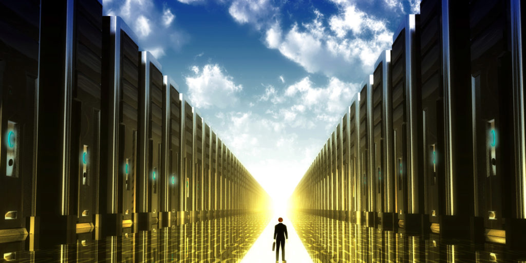 Digitale Illustration eines Geschäftsmanns, der in einer Allee aus Computern dem Sonnenuntergang entgegen läuft