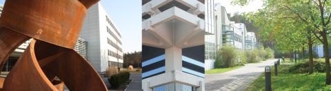 Three scenes from the Faculty of Engineering campus: Buildings from outside and a path past trees.