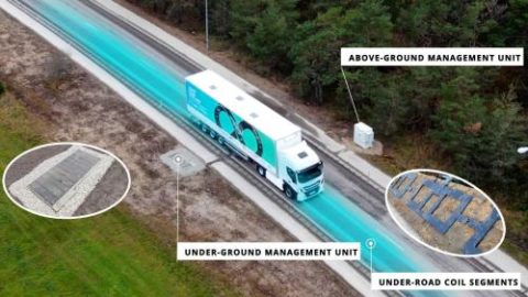 A truck drives on a road that enables inductive charging of electric vehicles.