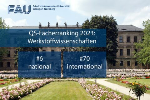 Blooming flowers on a meadow, in the background the castle in Erlangen. In the middle of the photo, three blue bars are inserted, showing the result of the QS subject ranking 2023.