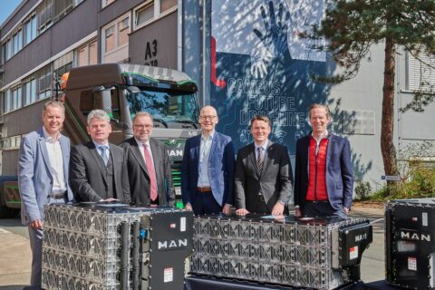 Opening of Campus Future Driveline on 6.4.2023 in Nuremberg (from left): Ulrich Zimmer, Site Manager Nuremberg MAN Truck & Bus SE; Prof. Dr. Andreas P. Fröba, Chair of Advanced Optical Technologies – Thermophysical Properties at FAU; Prof. Dr. Siegfried Russwurm, President of the Federation of German Industries (BDI); Prof. Dr. Niels Oberbeck, President of the Nuremberg Institute of Technology - Georg Simon Ohm; Alexander Vlaskamp, CEO MAN Truck & Bus SE; Dr. Frederik Zohm, CTO MAN Truck & Bus SE.