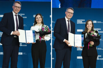 Two photos side by side, each showing two people next to each other. The people are festively dressed, holding a certificate and a bouquet of flowers and looking friendly into the camera.