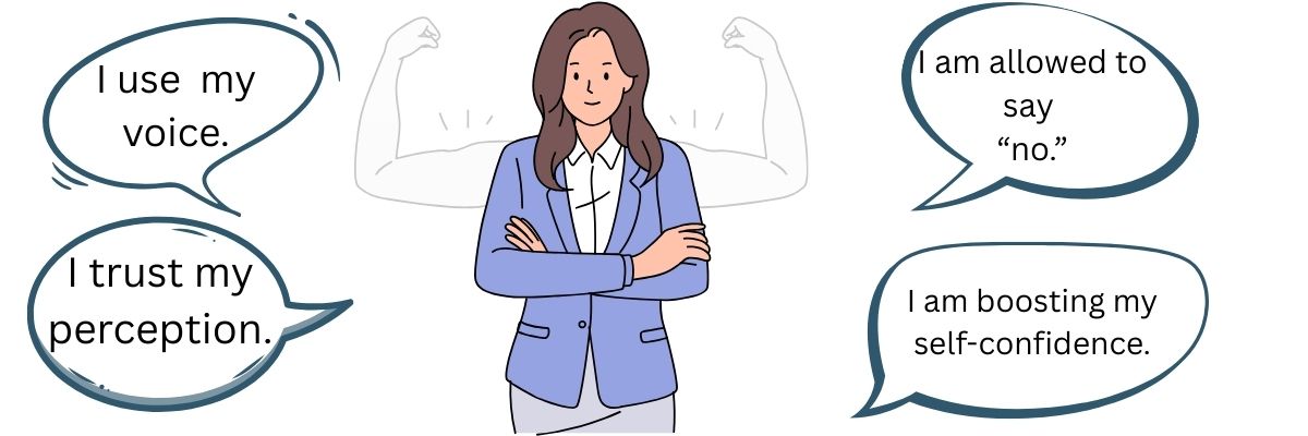 Drawing of a smiling woman wearing a jacket with her arms crossed. In the background there are transparent arms in the typical bodybuilder flexed pose. Around her there are speech bubbles containing self affirmations.
